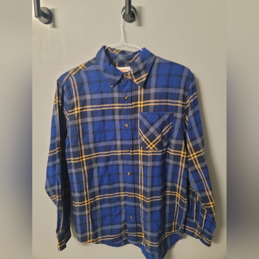 Field and Stream Blue and Yellow Plaid Button-Up Flannel Shirt Mens Medium